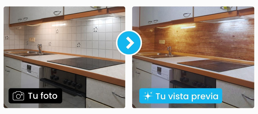 Cocina antes con salpicadero de azulejos y después con revestimiento de cocina danario efecto madera
