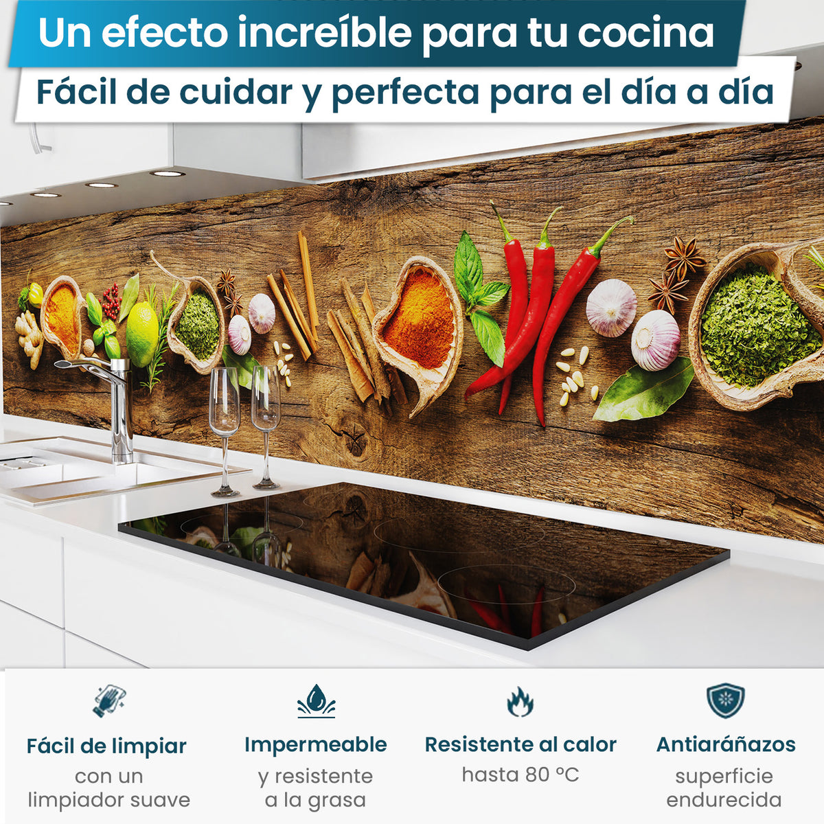 Revestimiento de cocina autoadhesivo - Especias en Madera