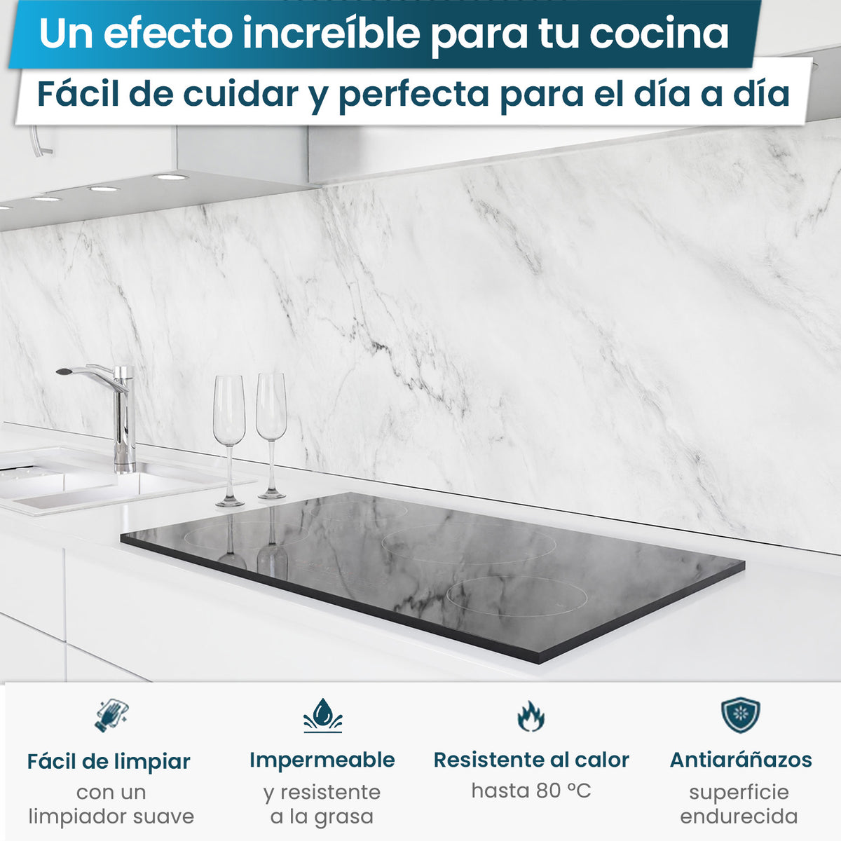Revestimiento de cocina autoadhesivo - Mármol blanco