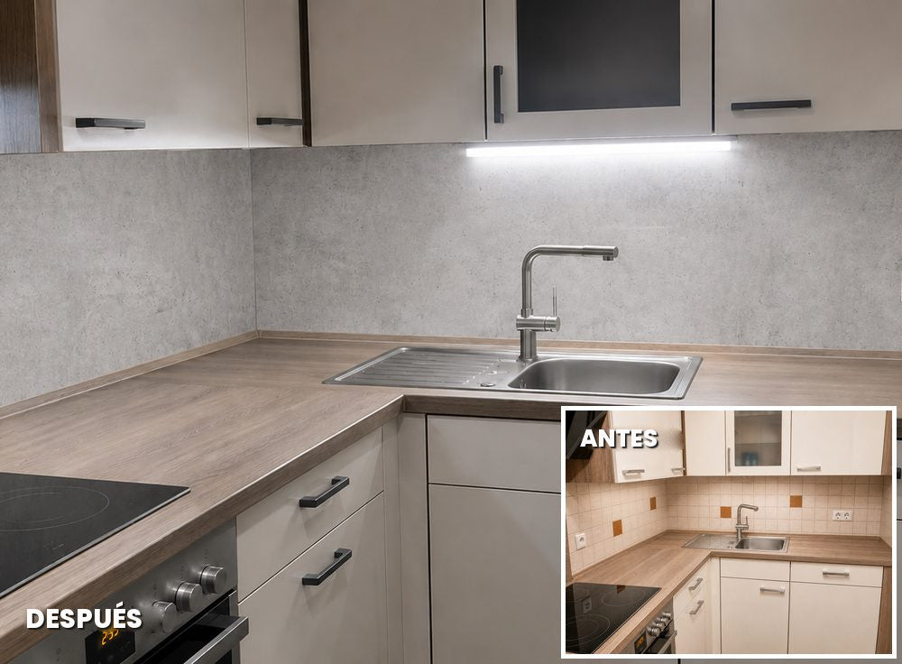 Cocina con aspecto de hormigón: salpicadero de azulejos antes, revestimiento de cocina danario después