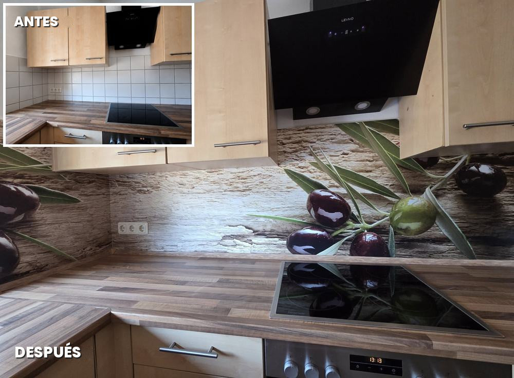 Cocina con motivo de aceitunas: azulejos antiguos antes, revestimiento de cocina danario después