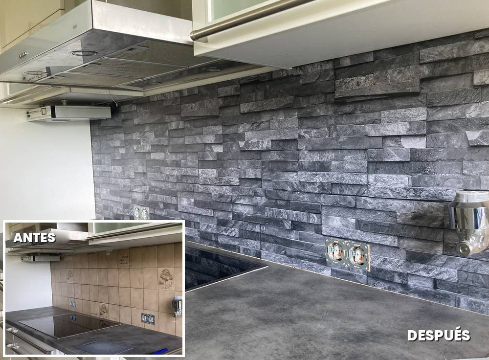 Cocina con aspecto de piedra: azulejos estampados antes, revestimiento de cocina danario después